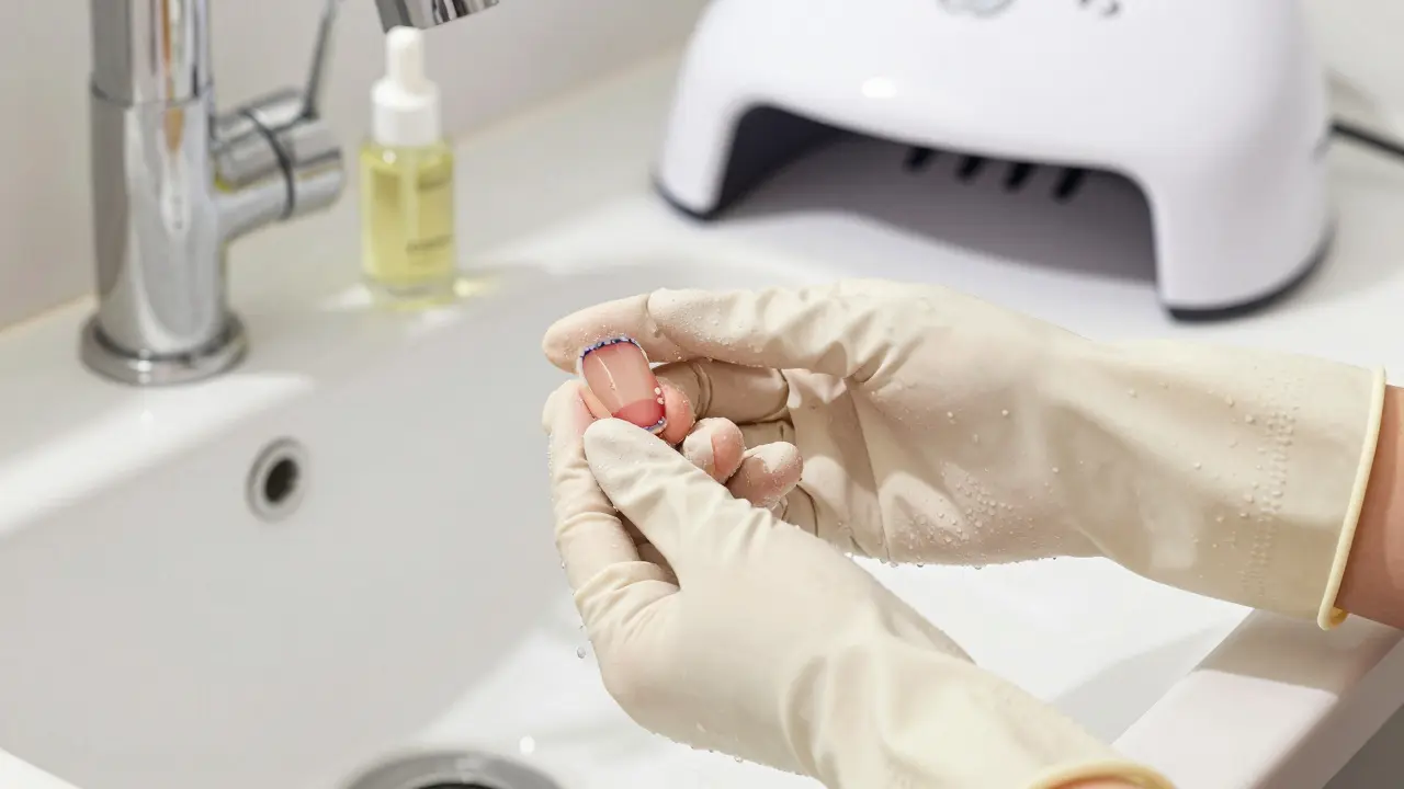 Ruce v rukavicích myjící nádobí s gelovým lakem a olejem na nehty na pozadí.