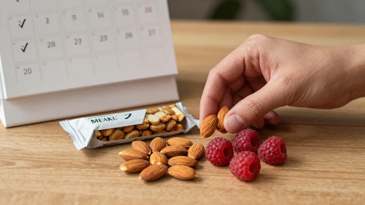 Ruka nahrazuje zpracovanou svačinu oříšky a jahodami, s kalendářem ukazujícím tři týdny změny.