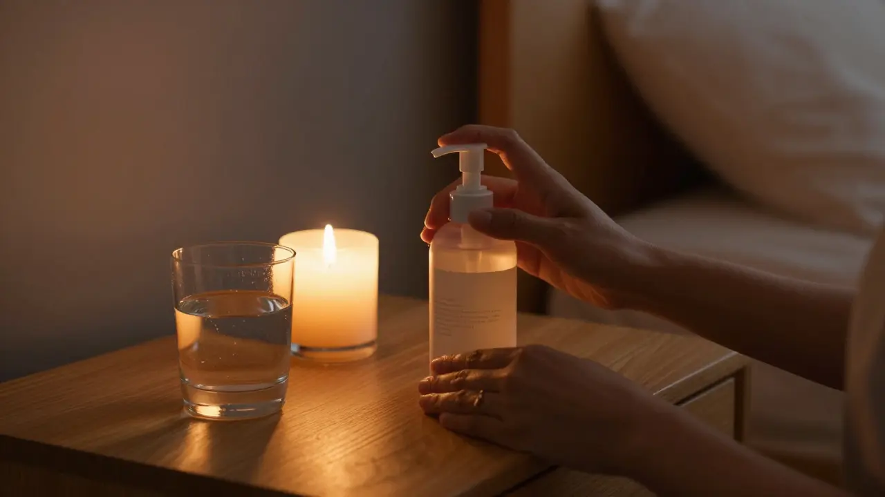 Ruka s hydratačním krémem ve tmě při večerní péči o pleť.