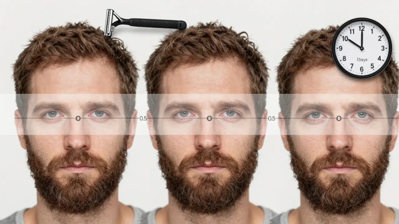 Růst vousu během tří dní s jemným časovým průběhem a jednolaločnou holičkou na pozadí, symbolizující optimalizaci holení.