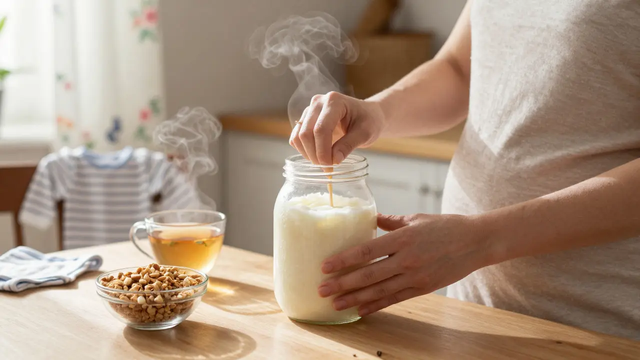 Těhotná žena připravující kefír doma v klidné kuchyni s přírodním osvětlením