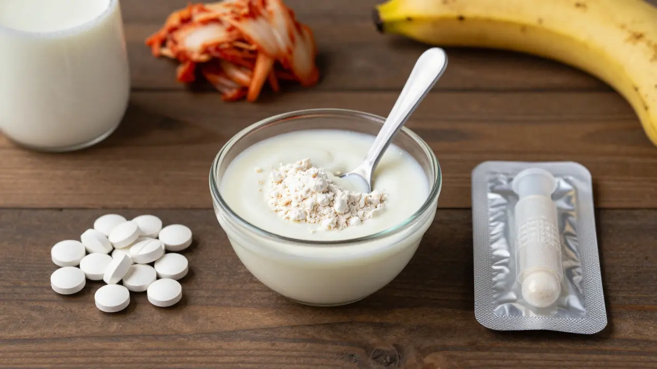 Tři formy laktobacilů: tablety, prášek a čípky, s přirozenými potravinami jako doplňkem.