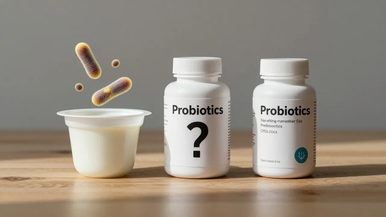 Tři typy probiotik: špatné vs. kvalitní — s jasnými značkami, dávkami a symboly chlazení.