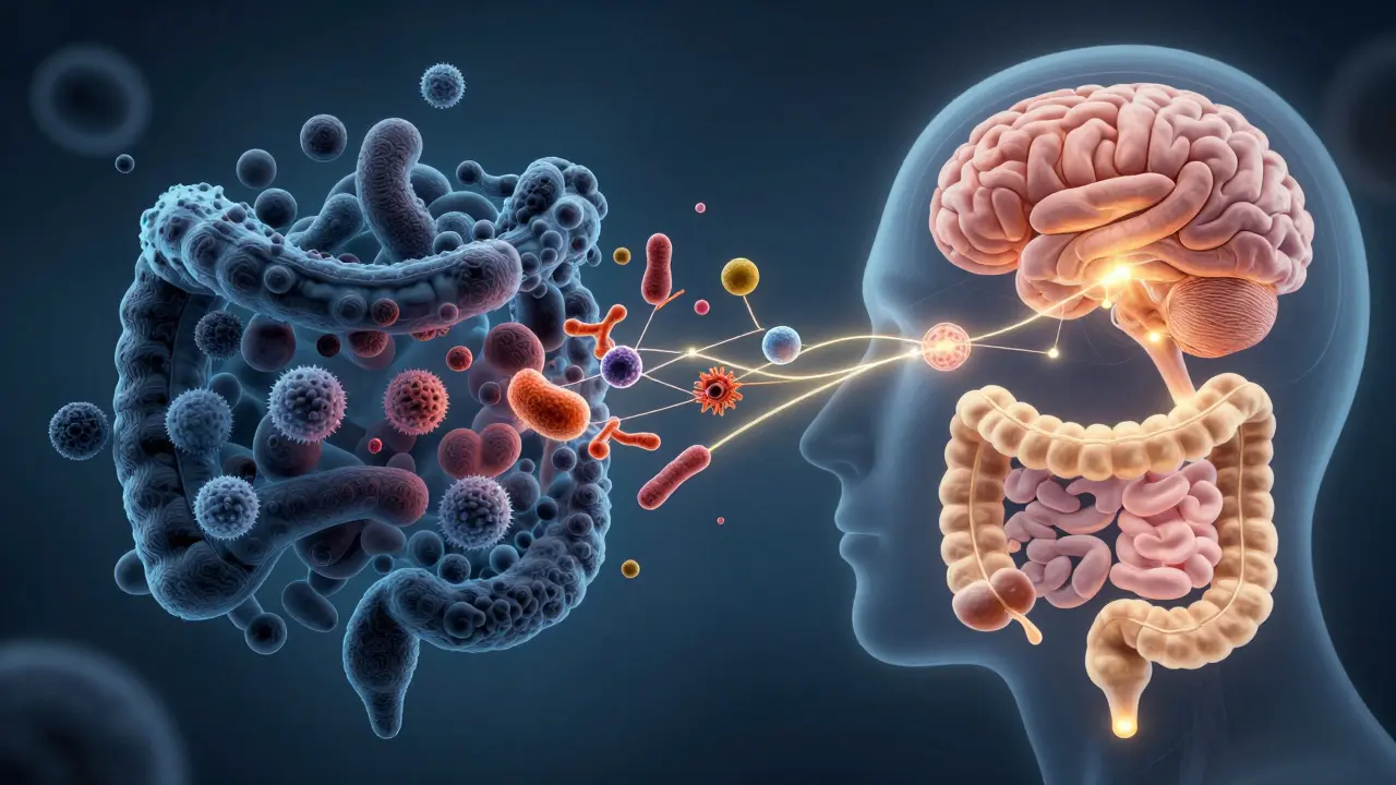 Umělecké znázornění střevní mikrobioty v přechodu od chaosu k rovnováze spojené s mozkem a kůží.
