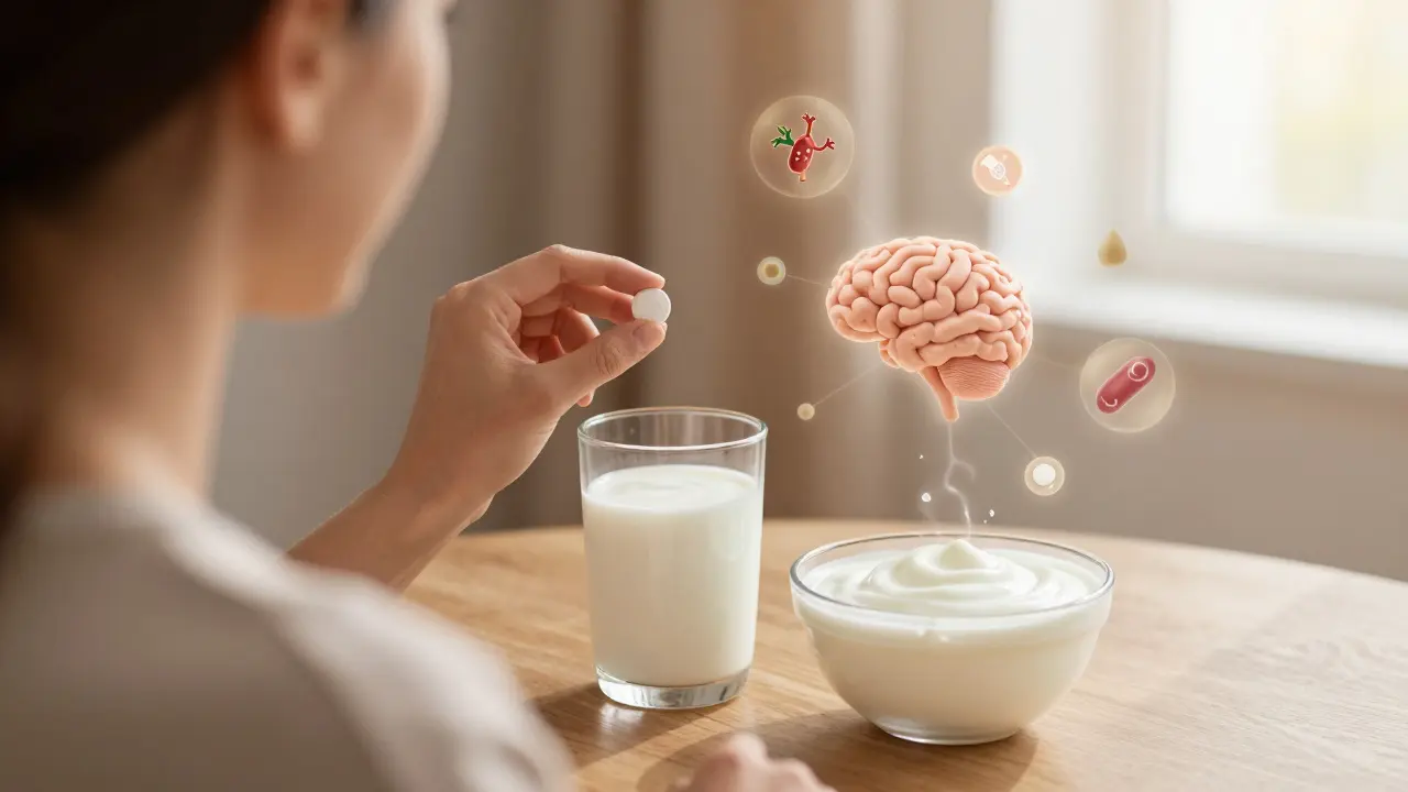 Žena drží probiotikum vedle přirozeného jogurtu a kefiru.