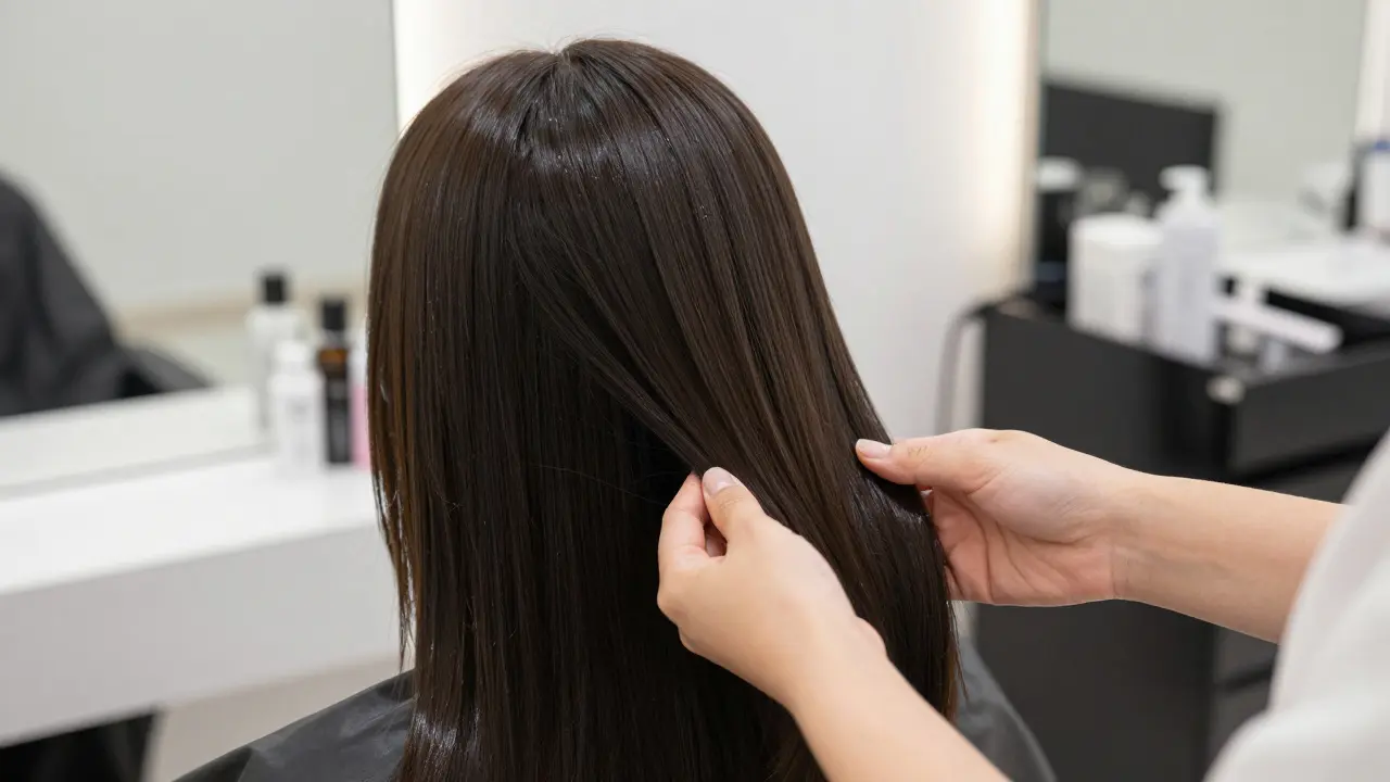 Žena s hladkými lesklými vlasy v salónu, ruce stylisty jemně dotekují účes.