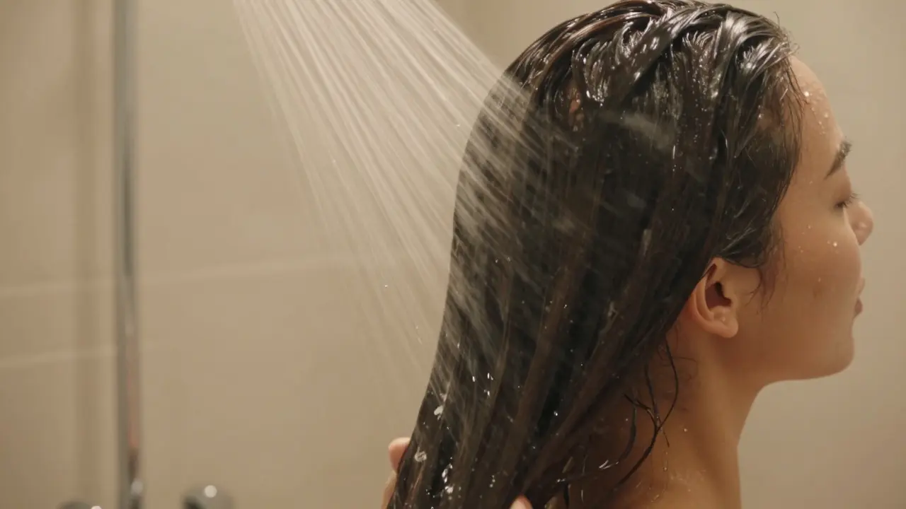 Žena si v dusnu oplachuje vlasy vodou pro zdravý lesk.