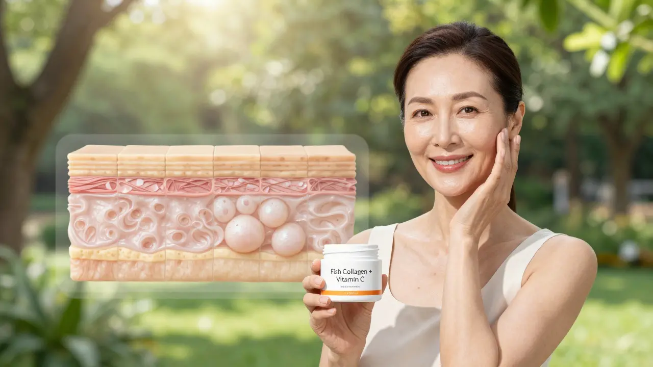 Žena v zahradě drží láhev rybího kolagenu s vitamínem C, její kůže se transformuje