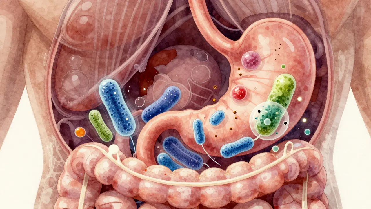 Živé probiotické bakterie cestují střevy, chráněny obalem a živány prebiotiky, v vodové kresbě.