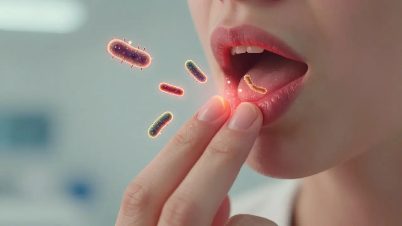 Zvětšený pohled na poškozené nehty a bakterie cestující do ústní dutiny.