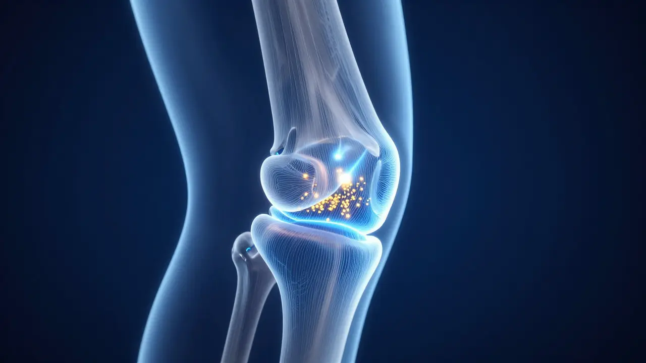 3D ilustrace kolagenu typu II fungujícího jako tlumič nárazů v koleni.