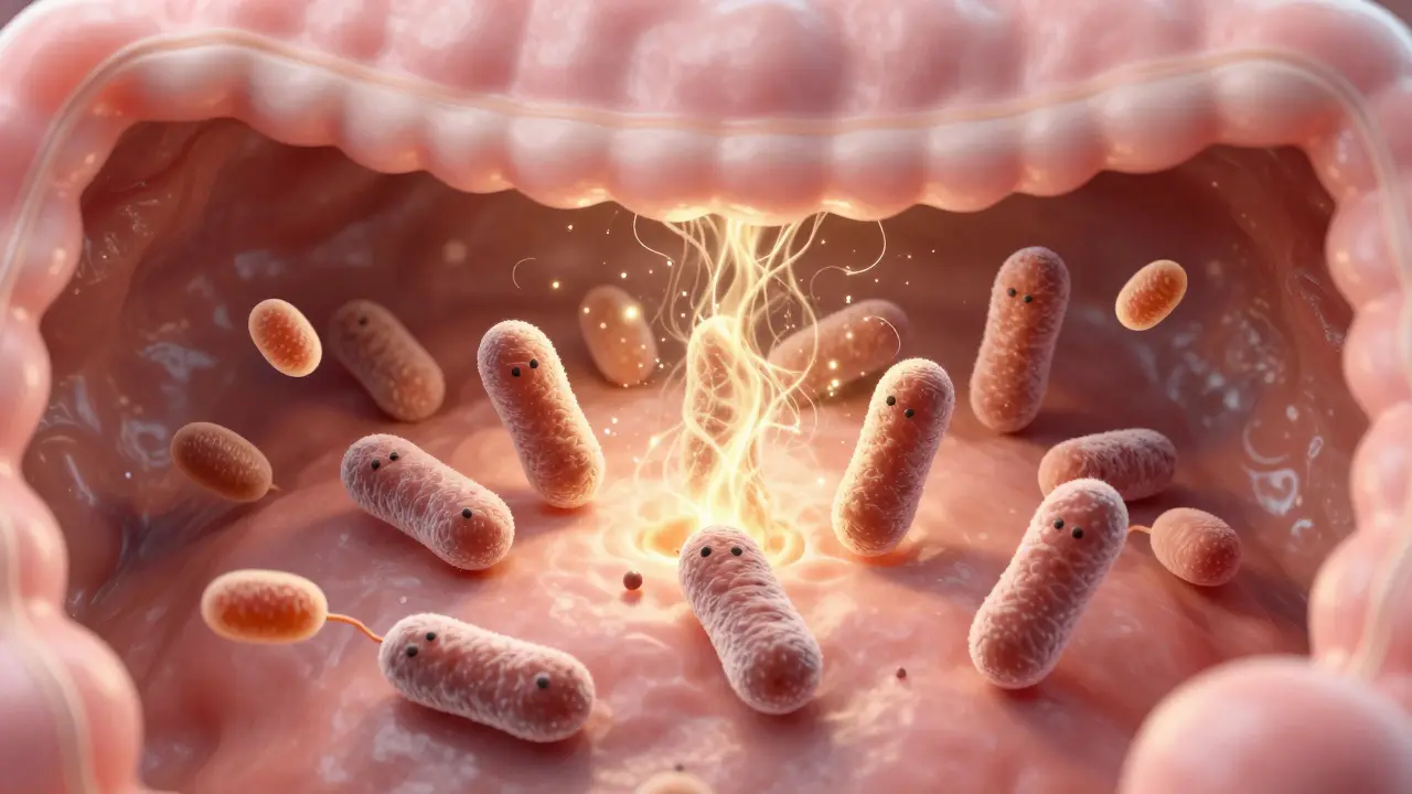 3D ilustrace laktobacilů vylučujících mléčný kyselinu k potlačení kvasinek.