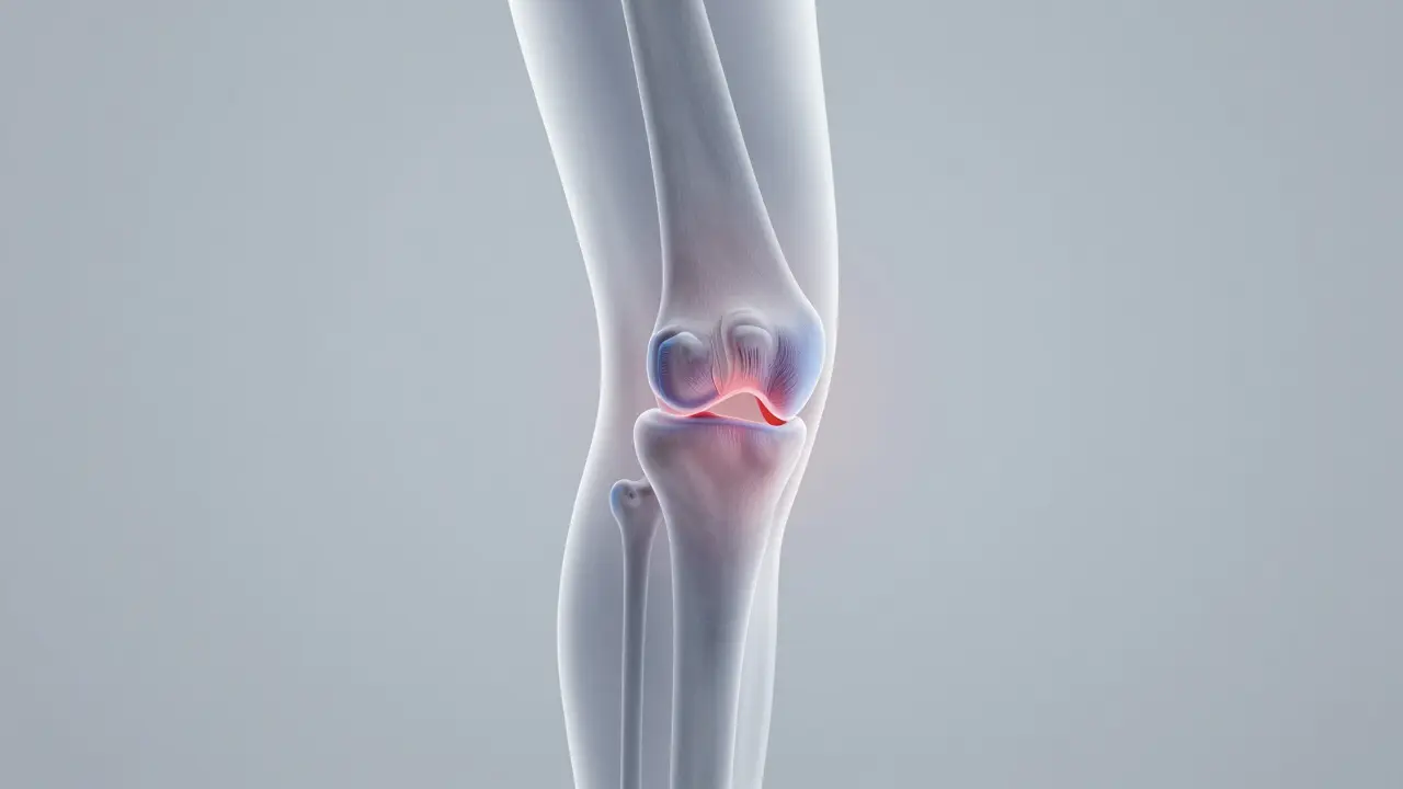 Anatomický detail kolenního kloubu s znázorněnímtenké chrupavky a zánětu.
