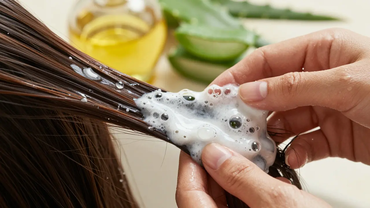 Aplikace hydratační masky na vlasy s aloe verou a arganovým olejem v pozadí.