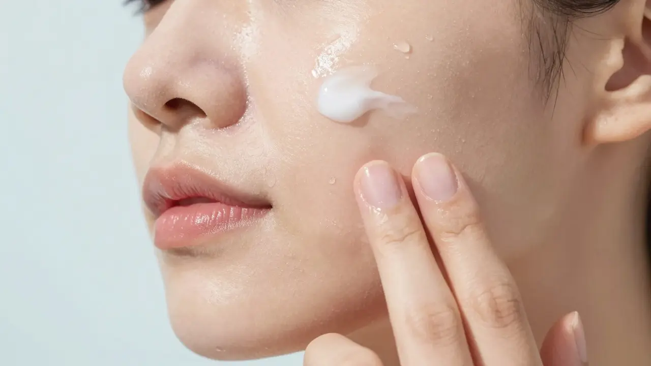 Aplikace hydratačního krému na čistou a vlhkou pleť.
