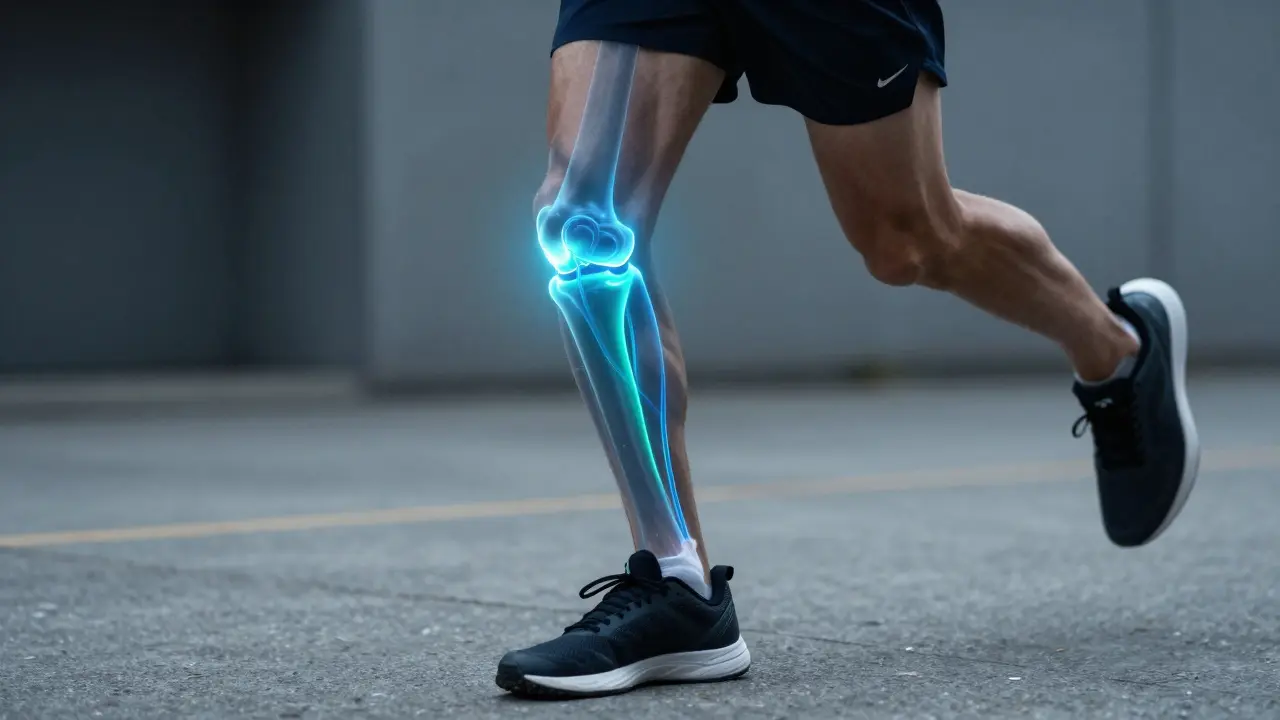 Detail kolene sportovce s vizualizací regenerace chrupavky pomocí kolagenu typu II.