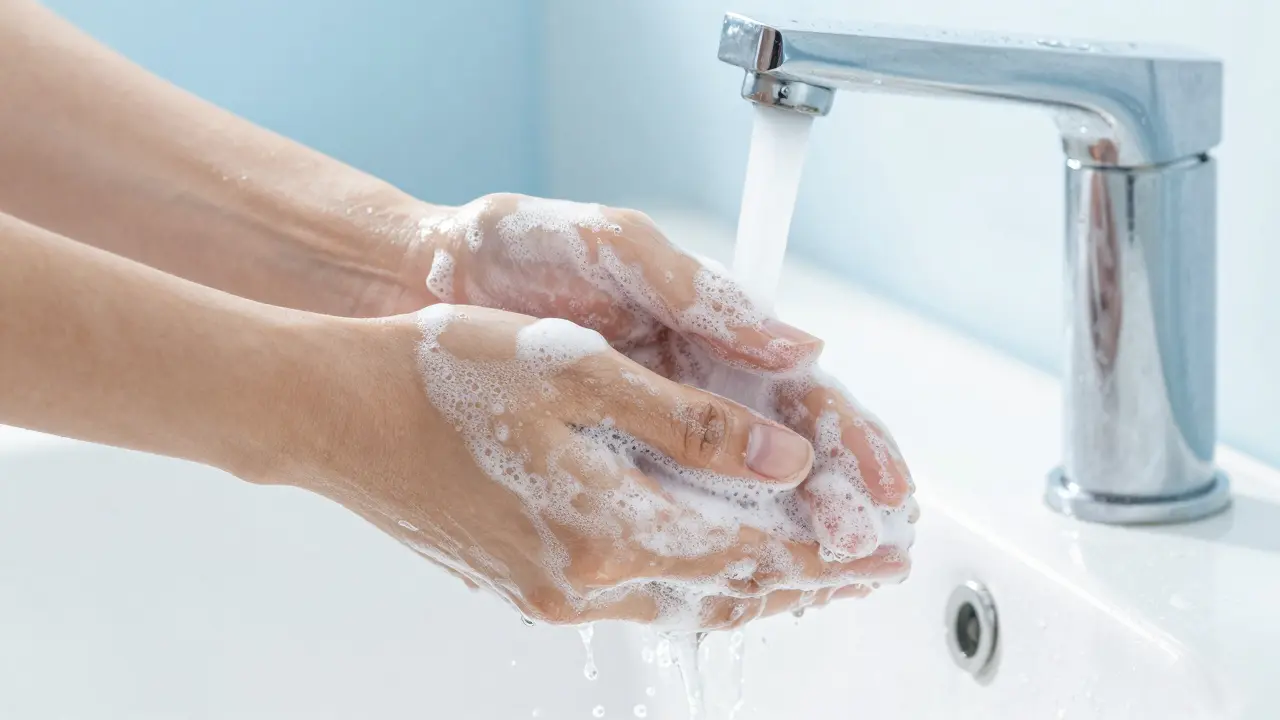 Důkladné mytí rukou mýdlem pod tekoucí vodou.