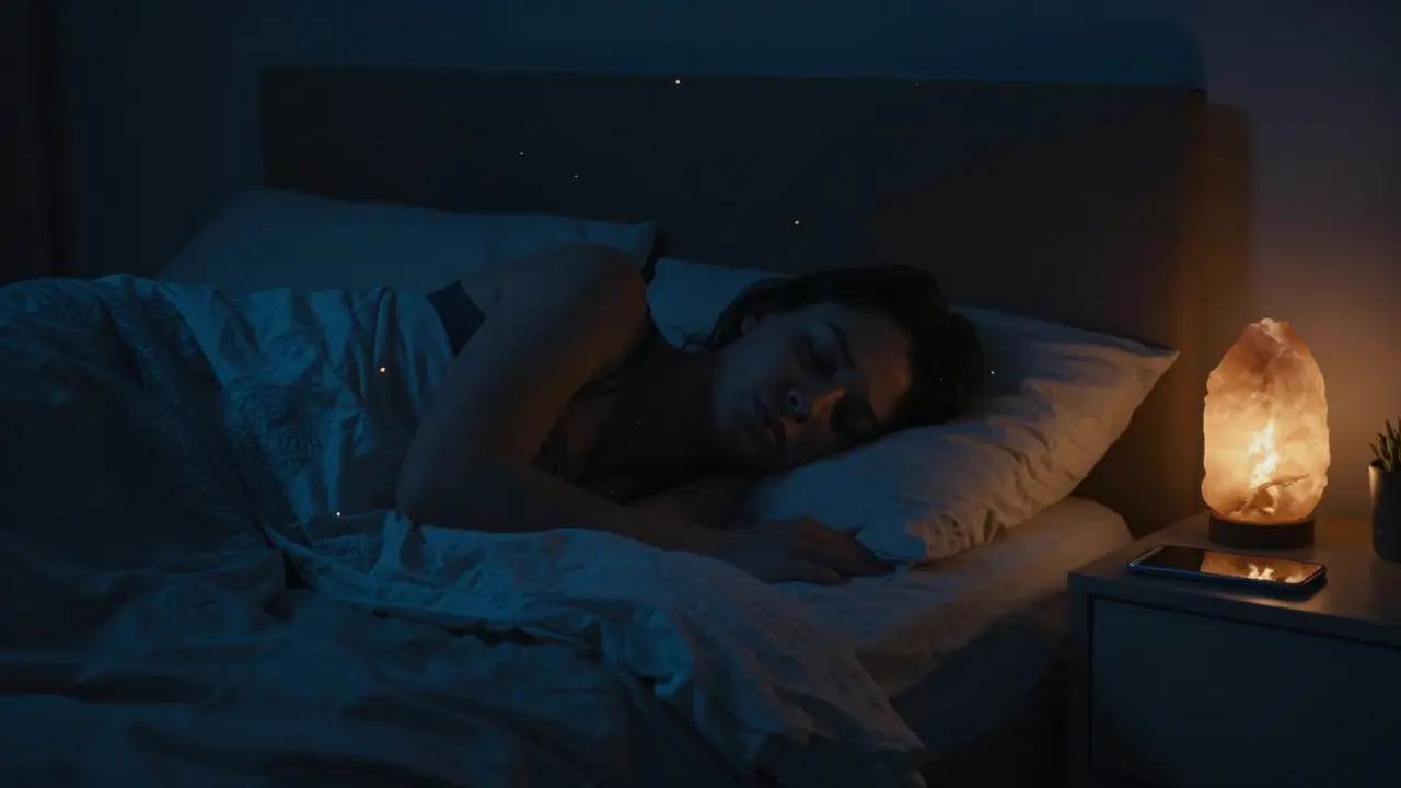Klidná ložnice s tlumeným modrým osvětlením a člověkem v hlubokém, regeneračním spánku.