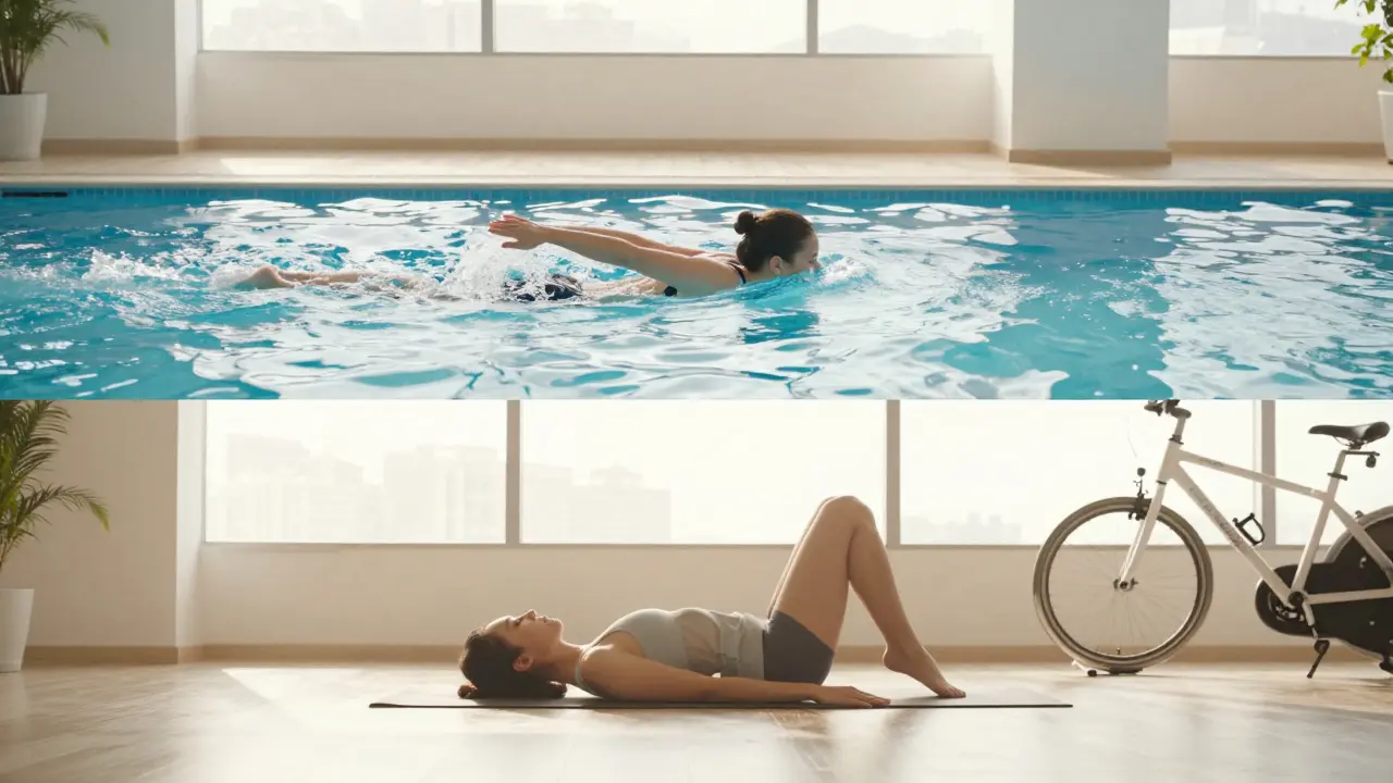 Kolaž aktivit s nízkým dopadem: plavání, jóga a jízda na kole.