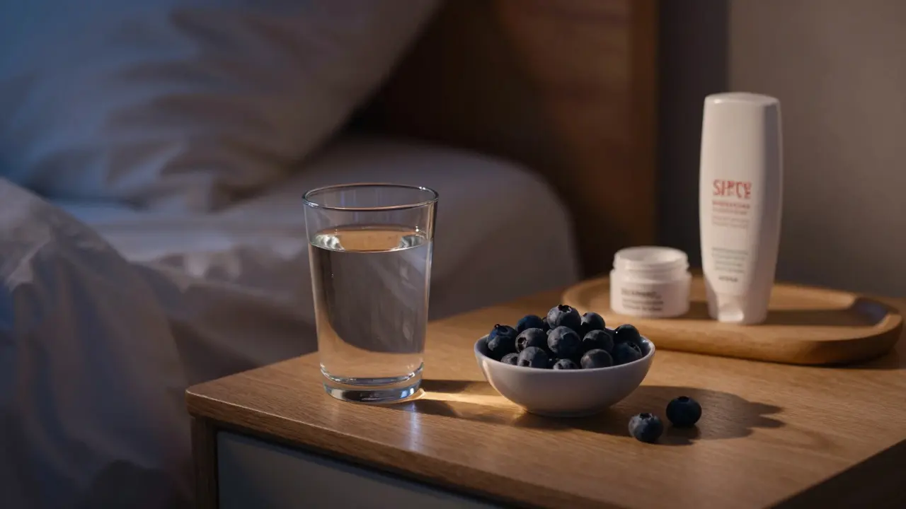 Kombinace noční péče, zdravého jídla a vody u postele