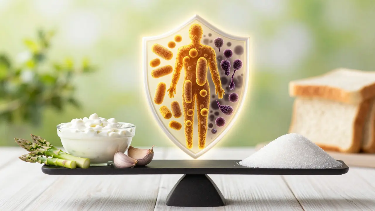 Konceptuální obraz zdravé stravy s prebiotiky a ochranným štítem laktobacilů.