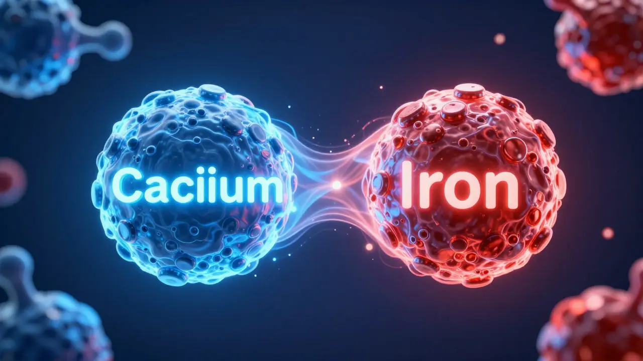 Konceptuální znázornění konfliktu mezi vápníkem a železem v těle.
