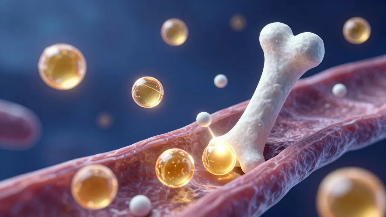 Konceptuální znázornění vitamínu D a vápníku v krevním proudu směřujících k kostem.