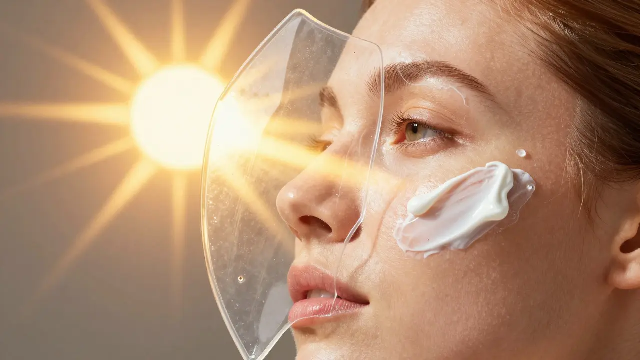 Konceptuální zobrazení ochrany citlivé pleti před UV zářením pomocí SPF.