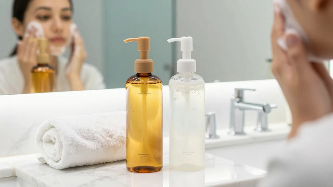 Kozmetické produkty pro dvojité čištění pleti na mramorovém stole.