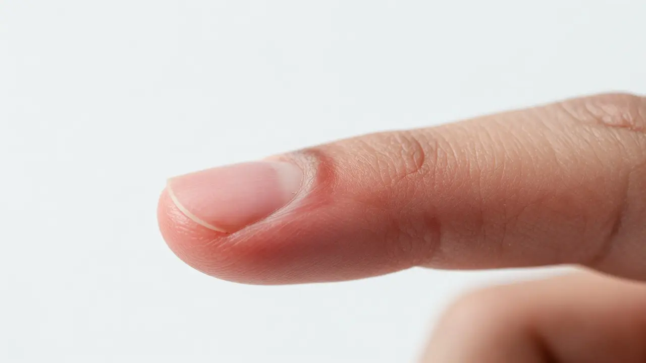 Makro detail podrážděné a zarudnělé kůže kolem nehtu v důsledku kousání.