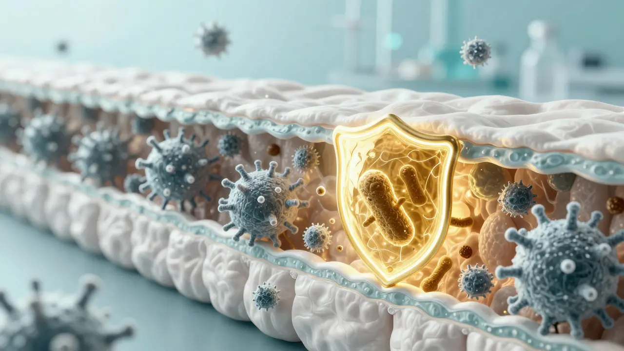 Mikroskopický pohled na probiotika tvořící ochranný štít na stěně střeva.