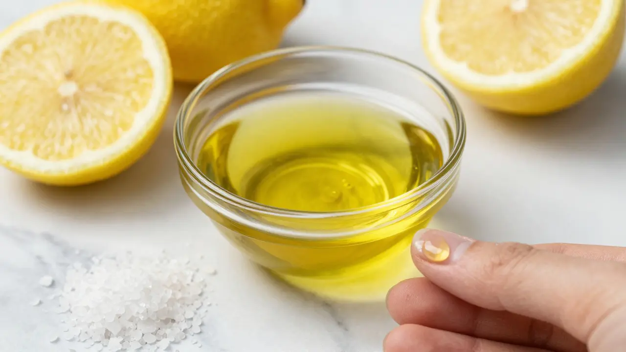 Miska s olivovým olejem, plátky citronu a solí pro domácí péči o nehty.