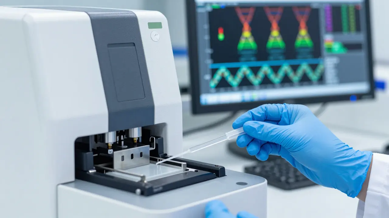 Moderní laboratorní vybavení pro sekvenování DNA k analýze bakterií.