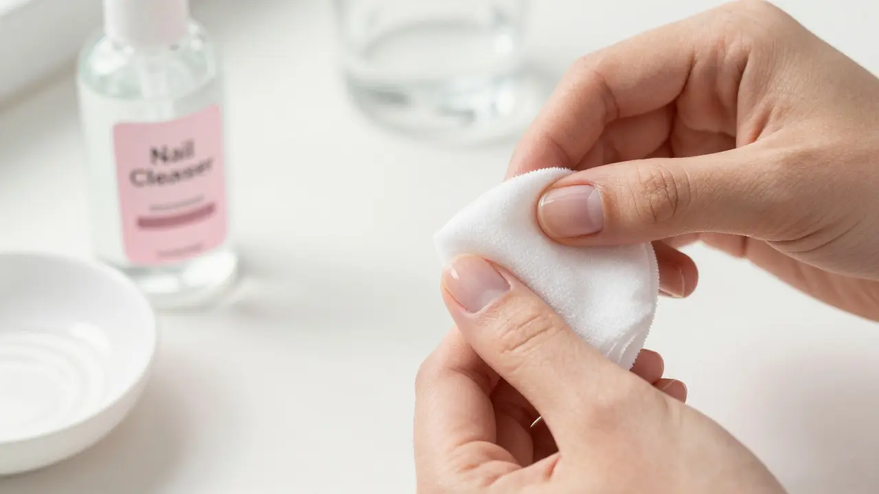 Odstraňování lepkavé vrstvy z nehtu pomocí vatového tampónku a čističe