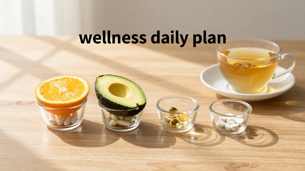 Organizovaný denní plán užívání vitamínů s potravinami na dřevěném stole.