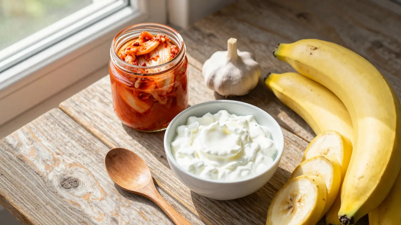 Sada zdravých potravin jako kimchi, kefir a česnek pro podporu střev.