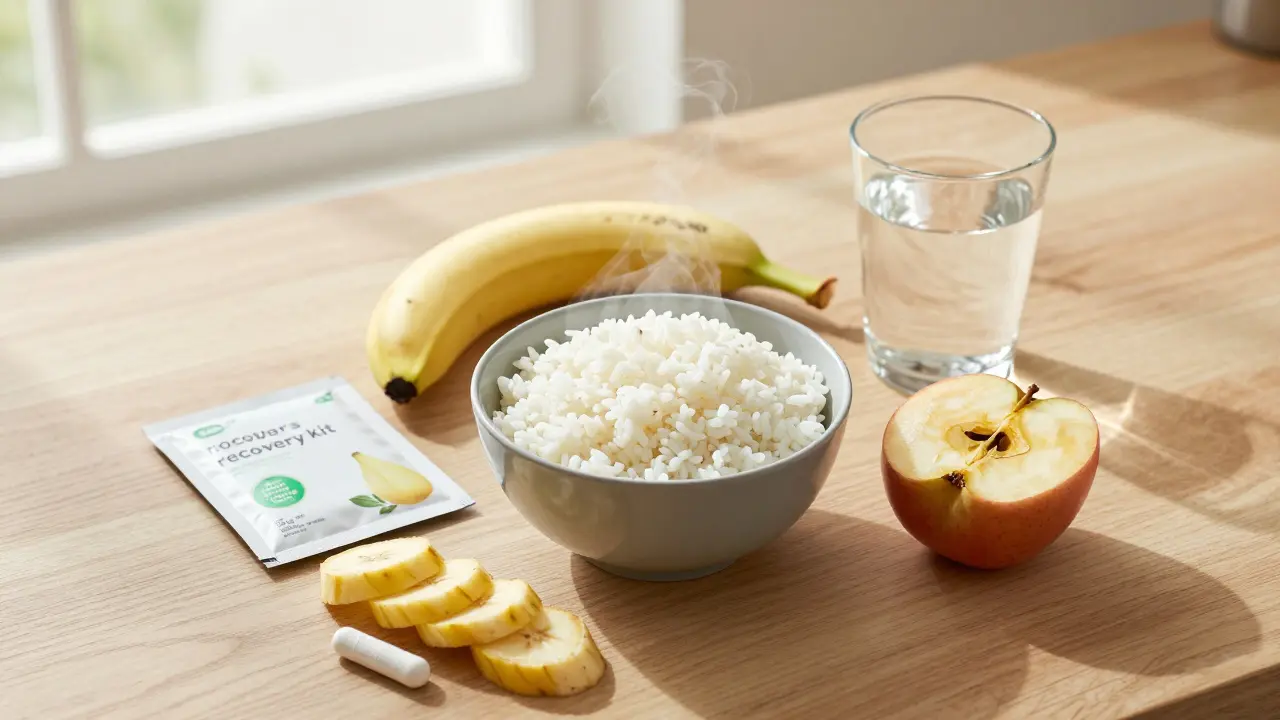 Sestava zdravé stravy pro rekonvalescenci s rýží, banánem a probiotiky.