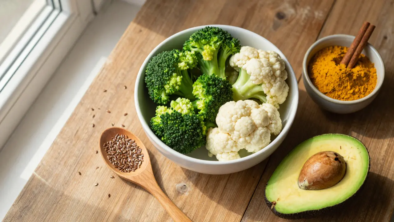 Sestava zdravých potravin včetně brokolic, avokáda a lněných semínek na dřevěném stole.