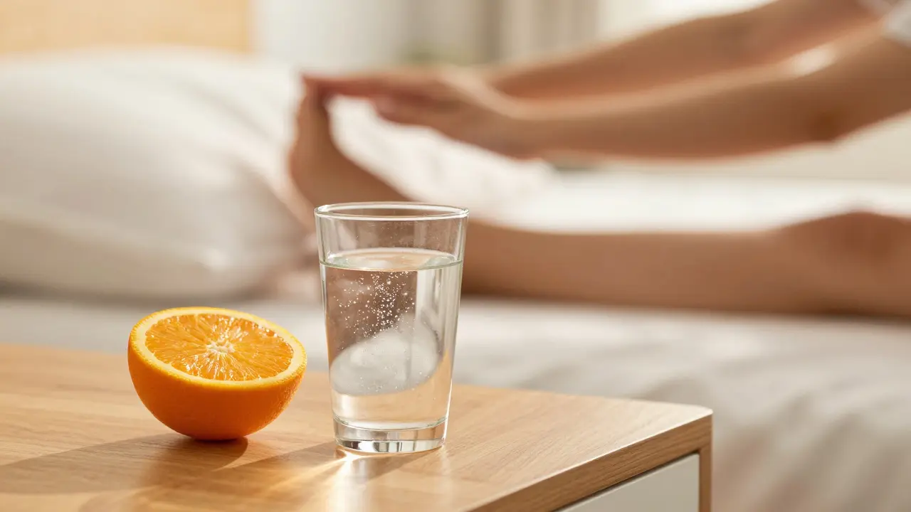 Sklenice s kolagenem, pomeranč a osoba se protahující v lůžku.