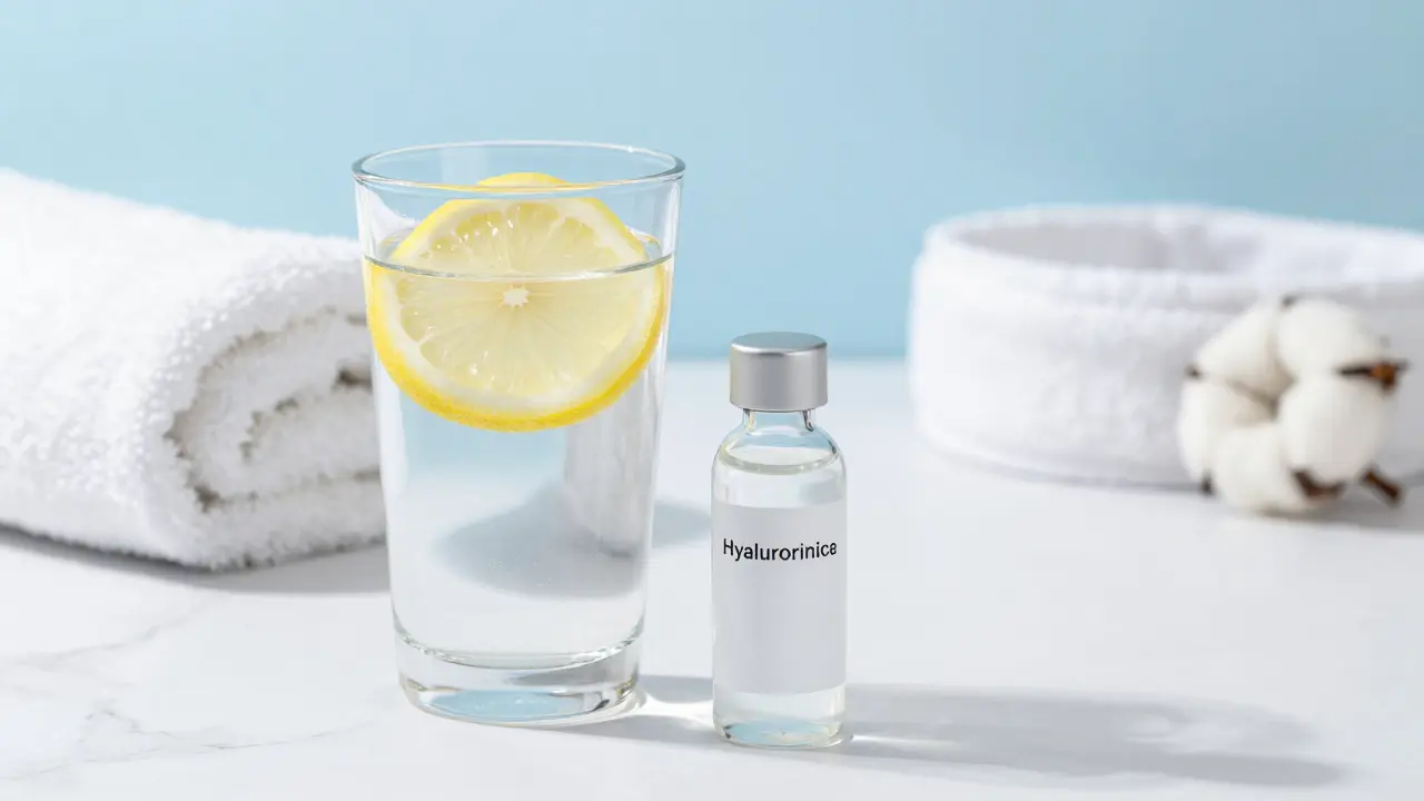 Sklenice vody a hydratační gel na mramorovém stole jako symbol regenerace.