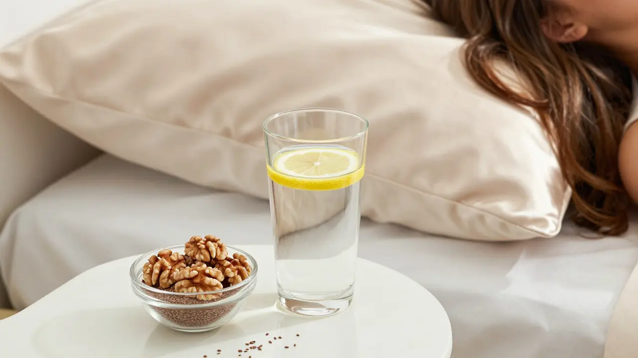 Sklenice vody, ořechy a saténová polštářová pláca jako symbol komplexní péče o vlasy.