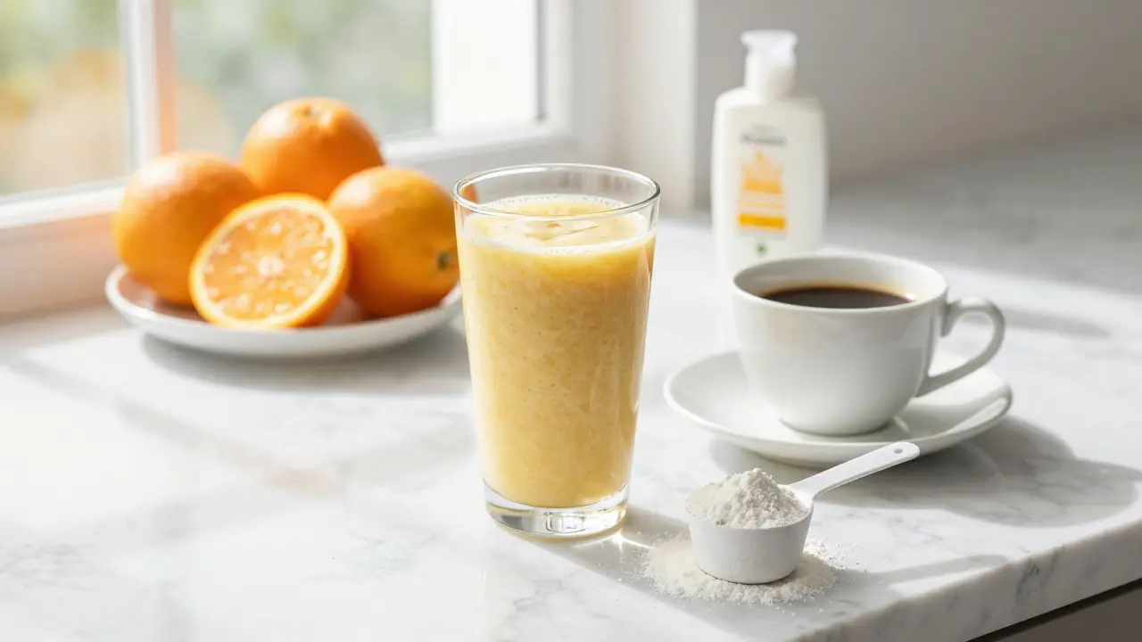 Snídaně s kolagenovým práškem, citrusy a SPF krémem na světlé mramorové desce.