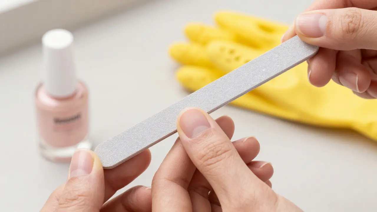 Správná technika pilování nehtu skleněným pilníkem v jednom směru.