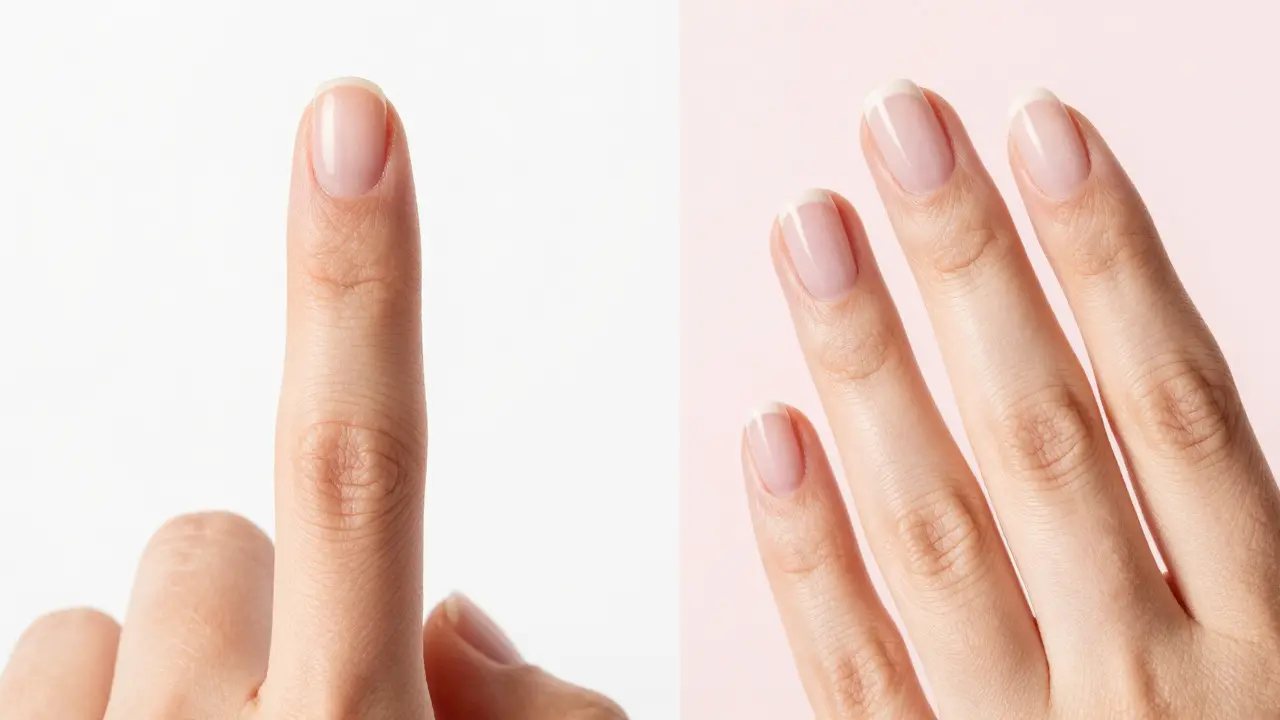 Srovnání poškozeného nehtu a zdravého nehtu po profesionální manikúře.