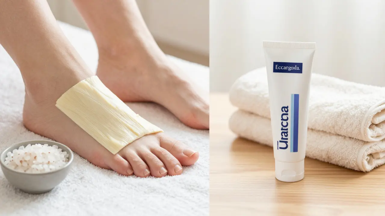 Srovnání relaxační SPA péče a domácí hydratace nohou krémem.