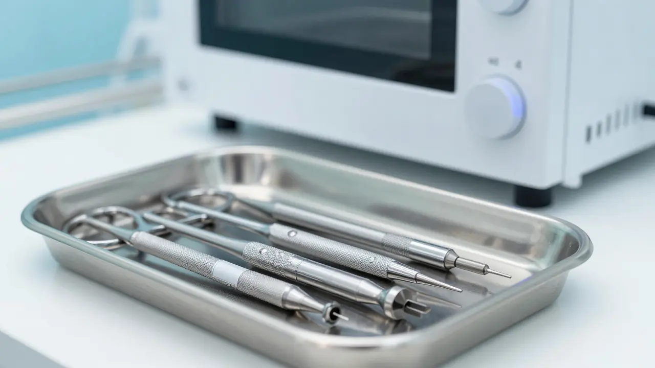 Sterilizované nástroje a autokláv v kabinetu zdravotního pedikúra.