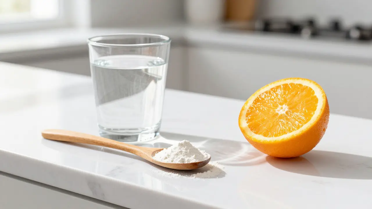 Stolek s prškem kolagenu, sklenicí vody a plátkem pomeranče pro vitamín C.