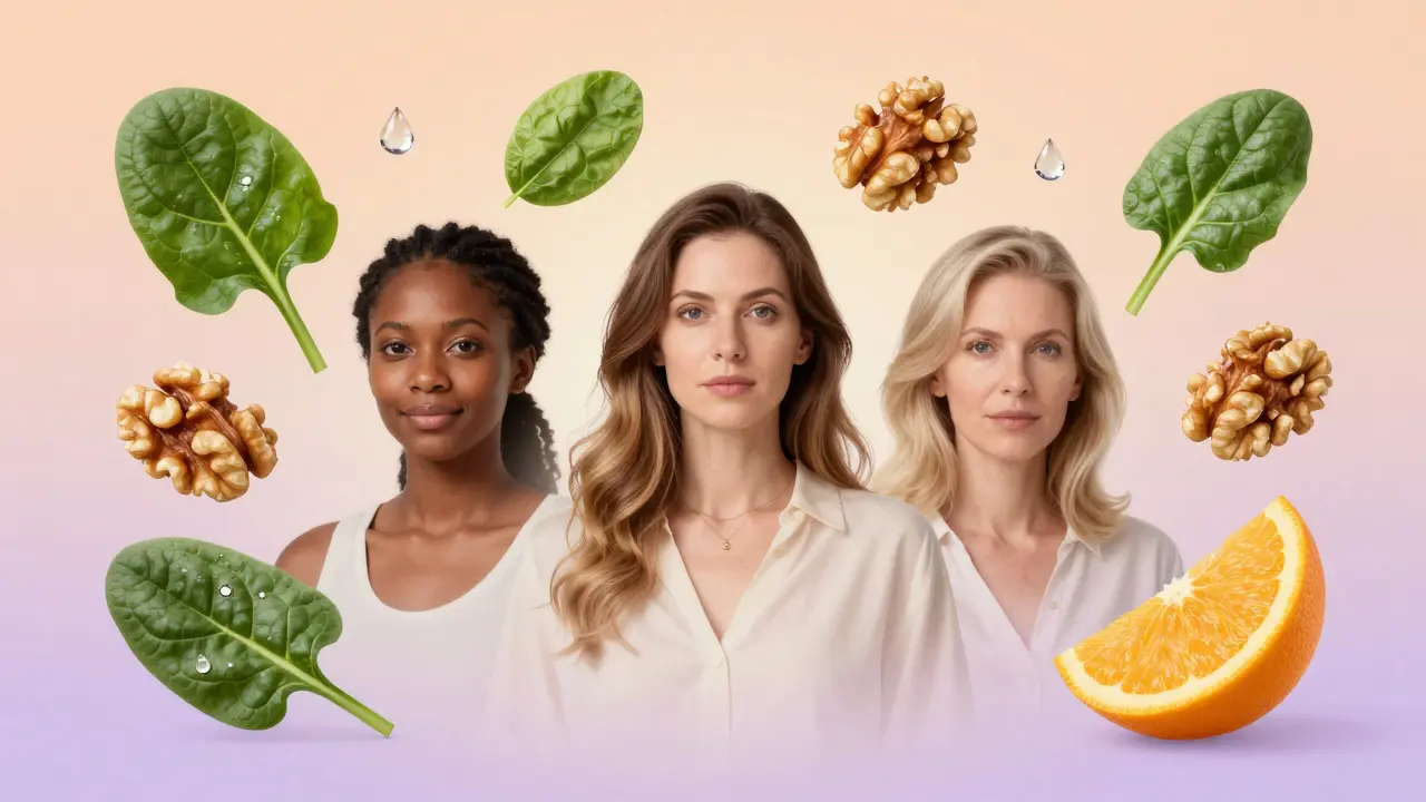 Tři ženy v různých věcích obklopené zdravými potravinami a přírodними prvky.