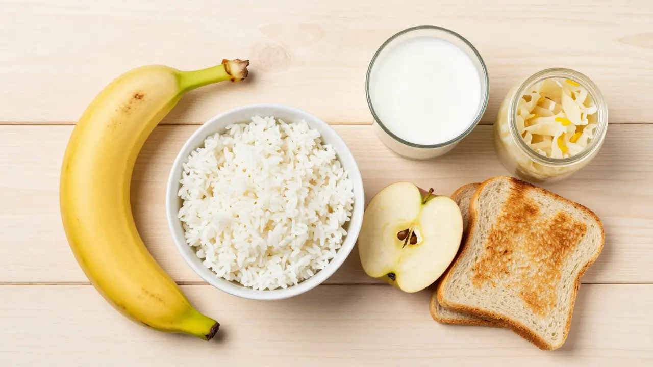 Zdravá jídla pro zotavení: banány, rýže, jablka, toast a kefír.