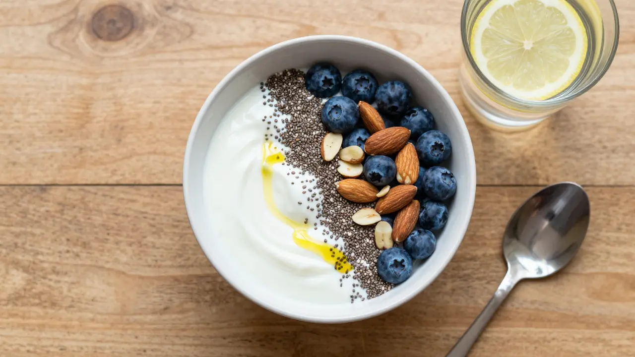Zdravá snídaňová miska s chia semínky a borůvkami vedle vody s citronem.